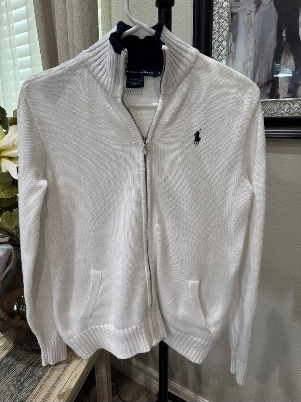 Ralph Lauren White Zip-Up Knit Sweater with Navy Polo Logo